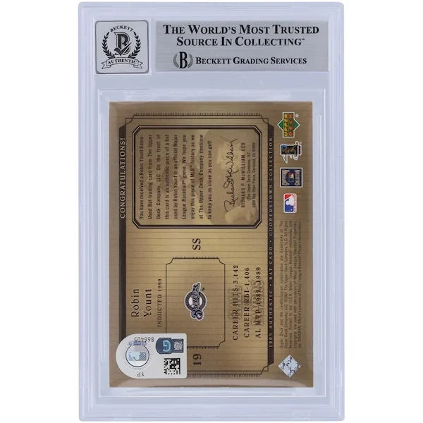 Robin Yount Signed 2001 Upper Deck Hall of Famers Game Bat Relic Card | Beckett Grade 9
