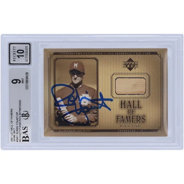 Robin Yount Signed 2001 Upper Deck Hall of Famers Game Bat Relic Card | Beckett Grade 9
