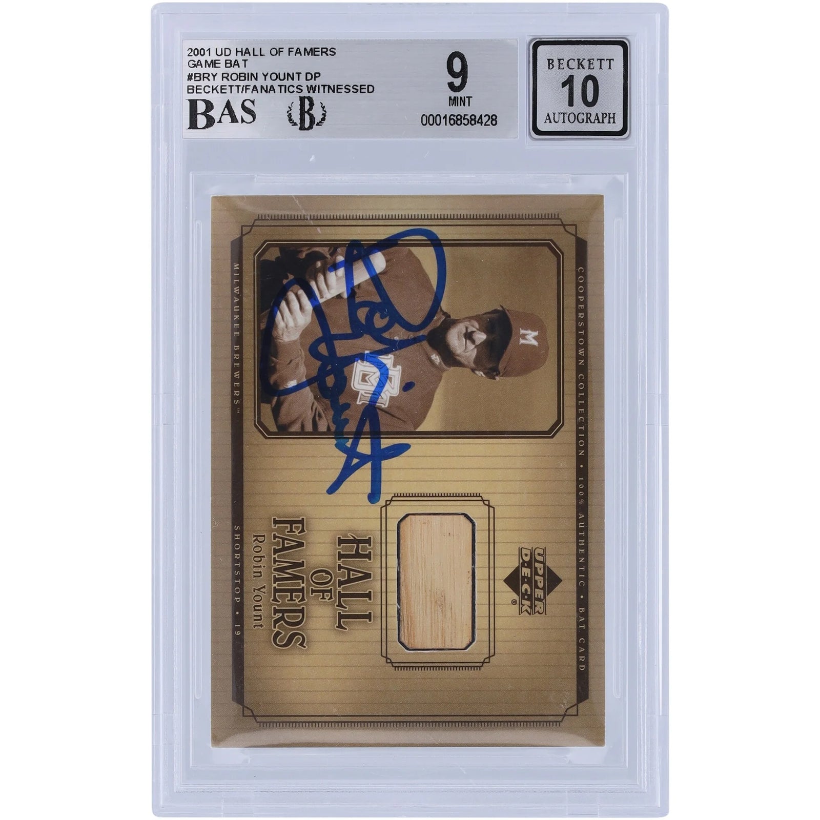 Robin Yount Signed 2001 Upper Deck Hall of Famers Game Bat Relic Card | Beckett Grade 9