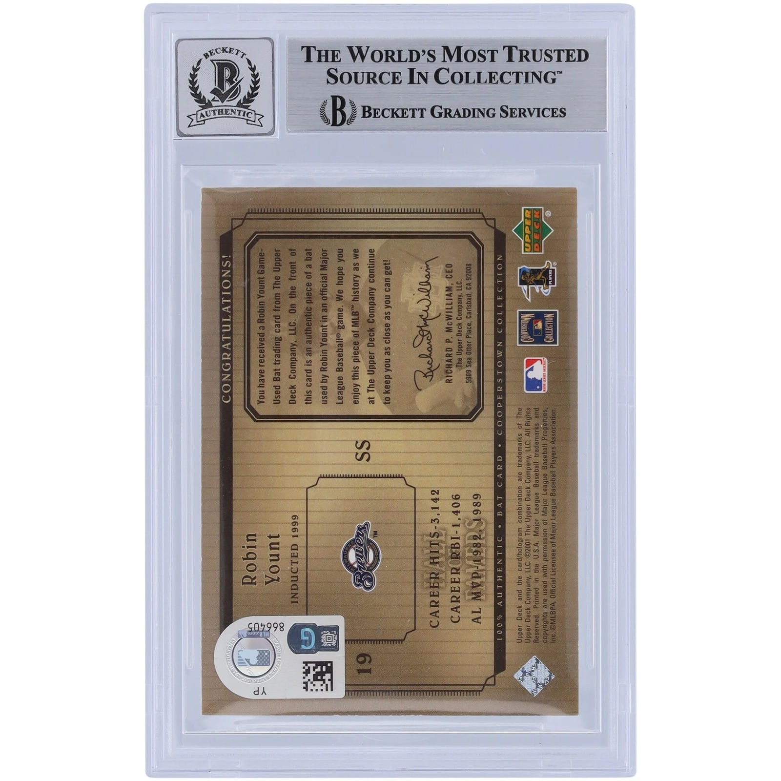Robin Yount Signed 2001 Upper Deck Hall of Famers Game Bat Relic Card | Beckett Grade 9
