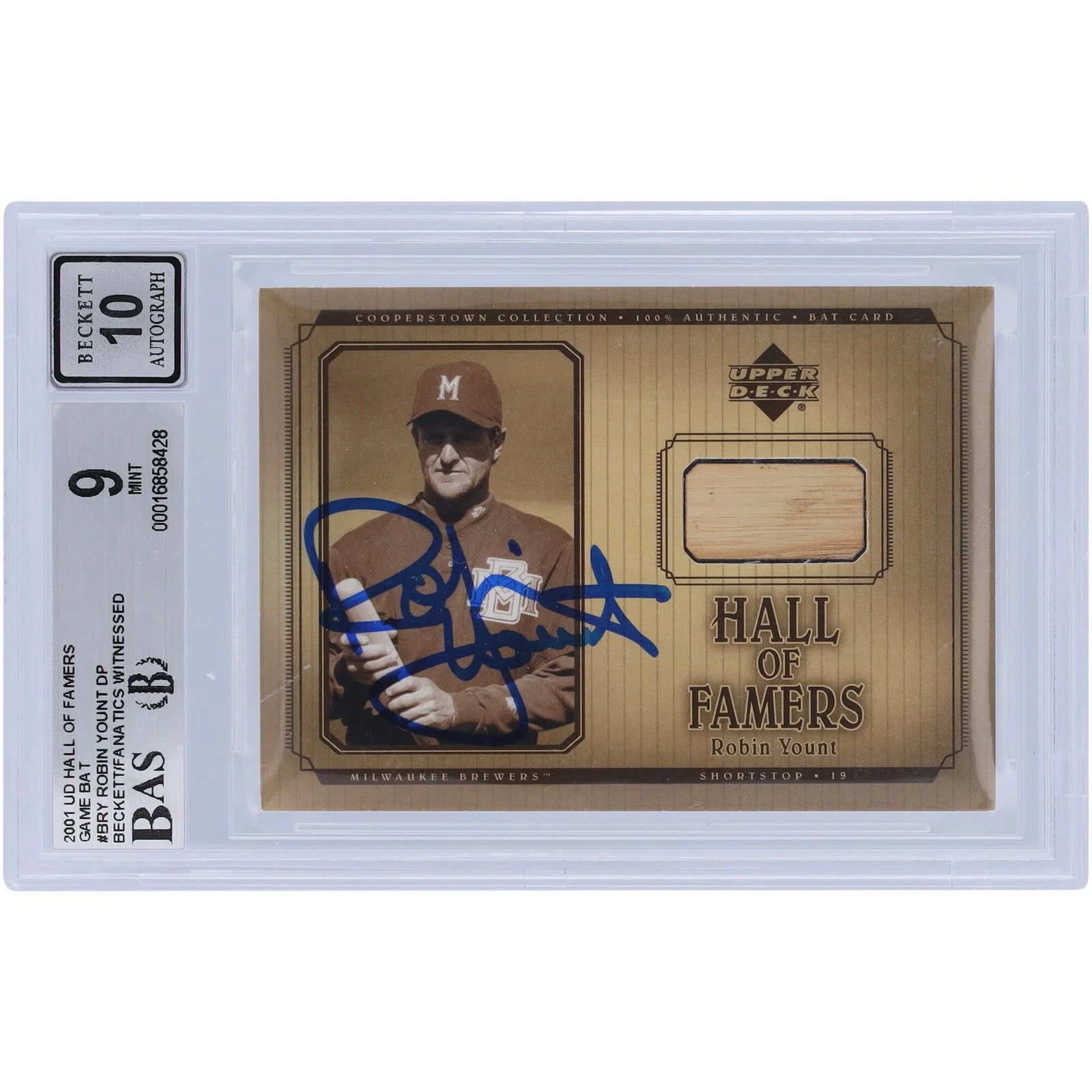 Robin Yount Signed 2001 Upper Deck Hall of Famers Game Bat Relic Card | Beckett Grade 9