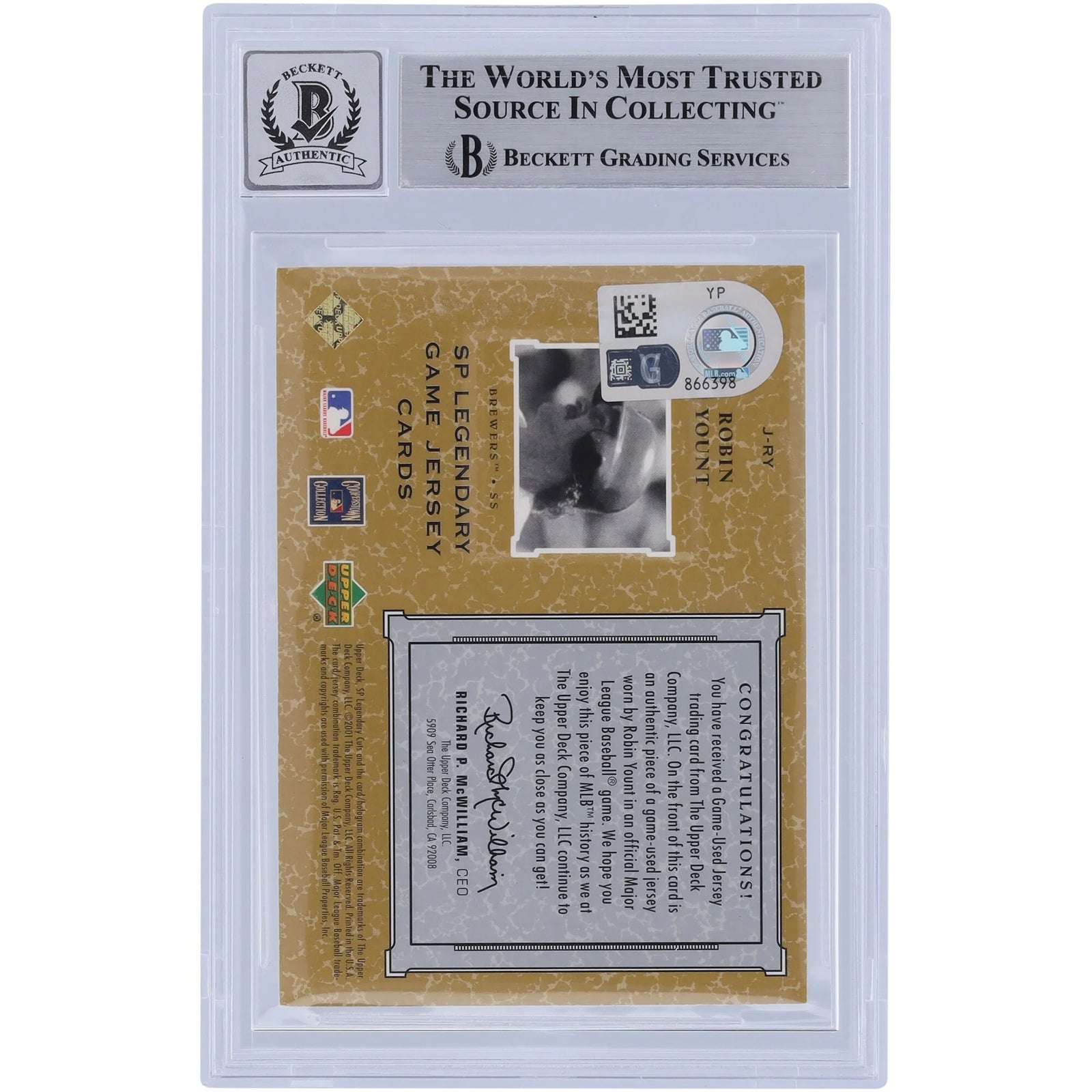 Robin Yount Signed 2001 Upper Deck SP Legendary Cuts Jersey Relic Card | Beckett Graded 10