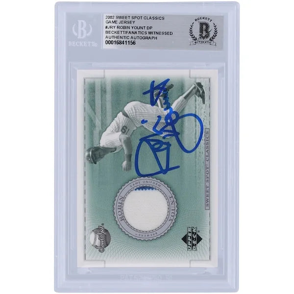 Robin Yount Milwaukee Brewers Autographed 2002 Upper Deck Sweet Spot Classic Game Jersey Relic #J-RY Beckett Fanatics Witnessed Authenticated Card - F2