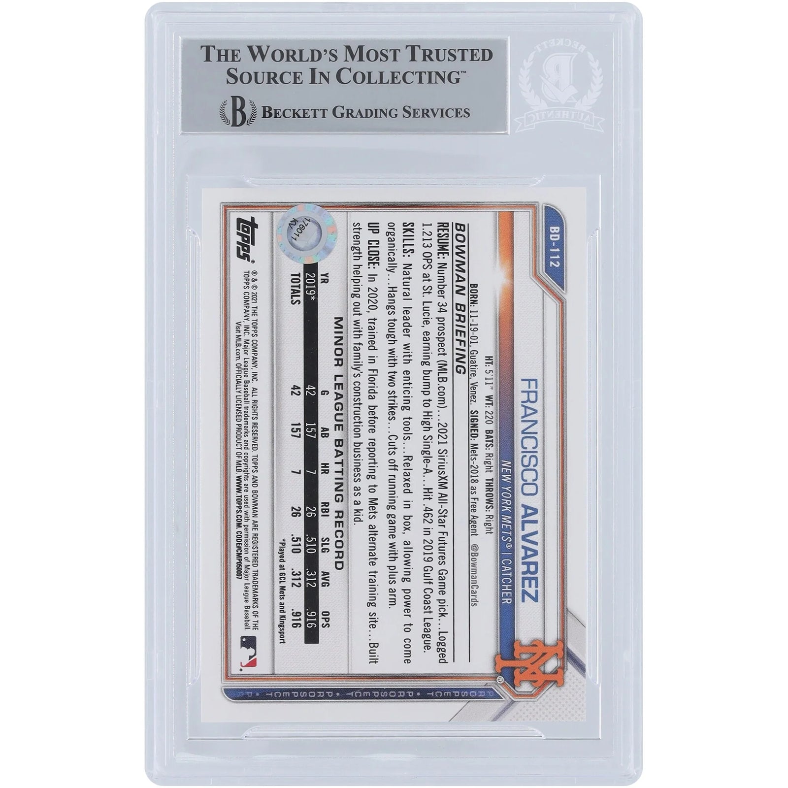 Francisco Alvarez Signed 2021 Bowman Draft #BD-112 | MLB Debut Inscription