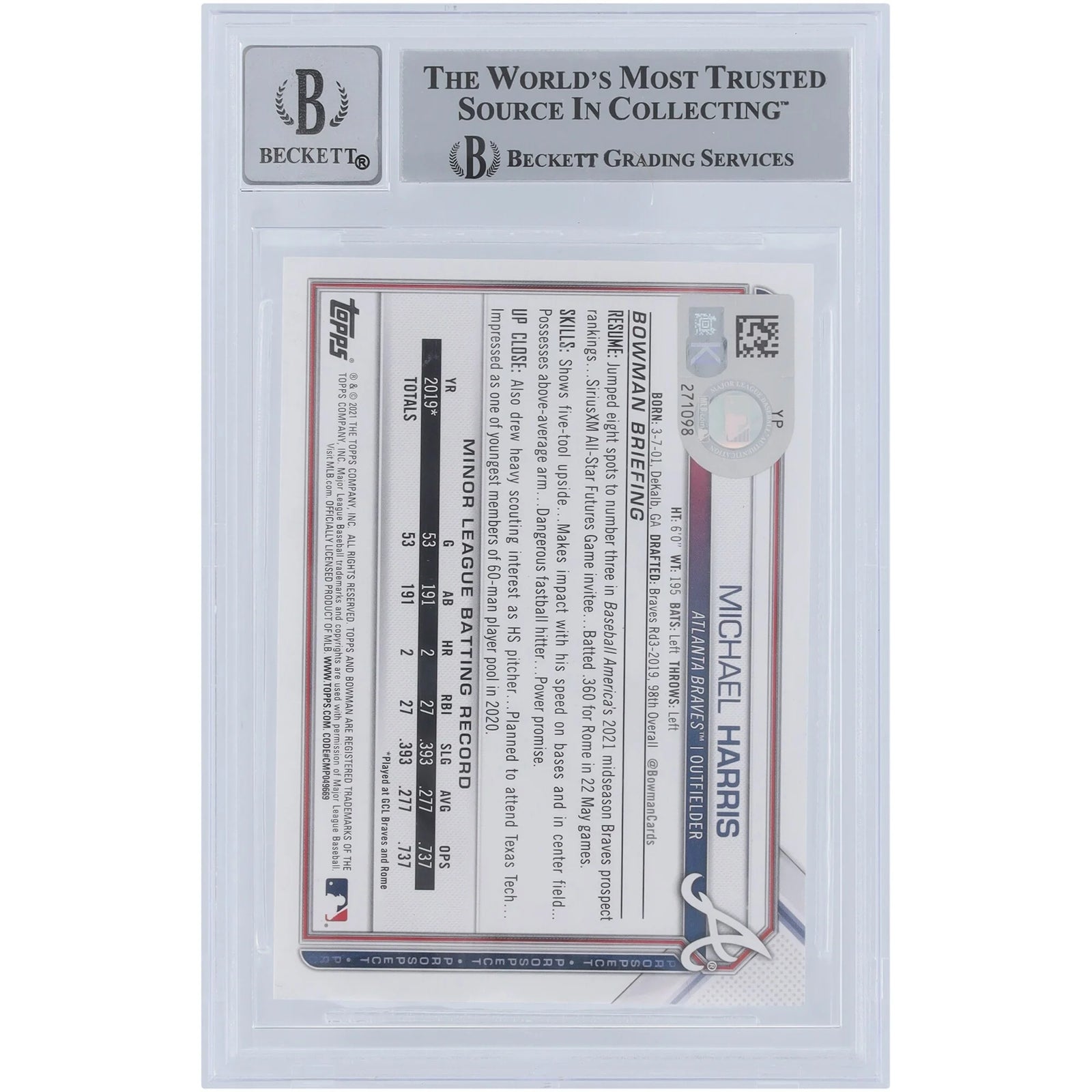 Michael Harris II Signed 2021 Bowman Draft #BD-86 | Beckett Graded 9