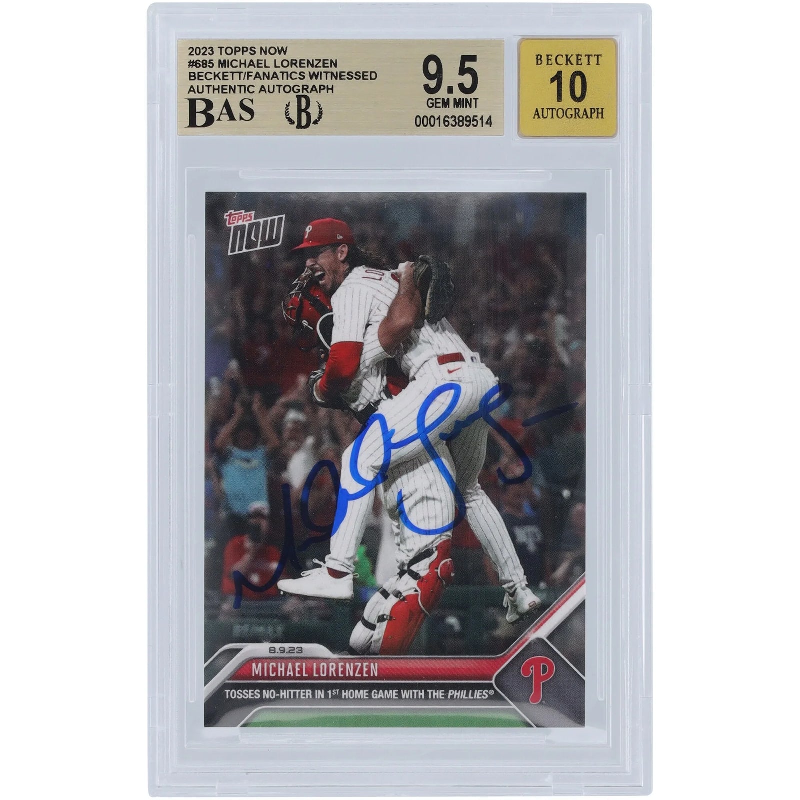 Michael Lorenzen Signed 2023 Topps Now No-Hitter #685 Card | Graded 9.5
