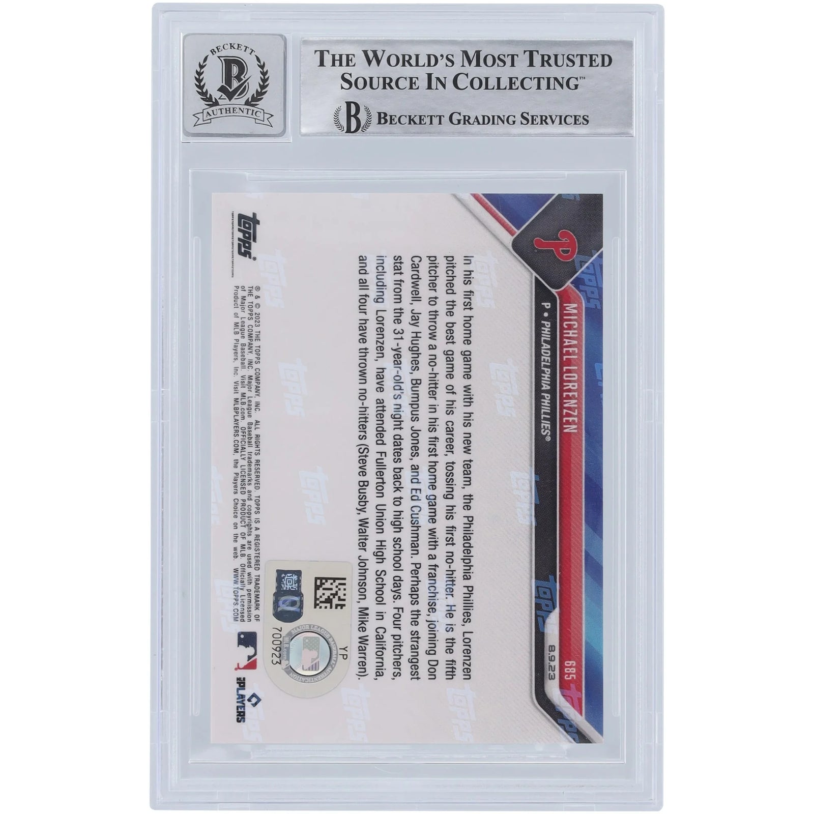 Michael Lorenzen Signed 2023 Topps Now No-Hitter #685 Card | Beckett Authenticated