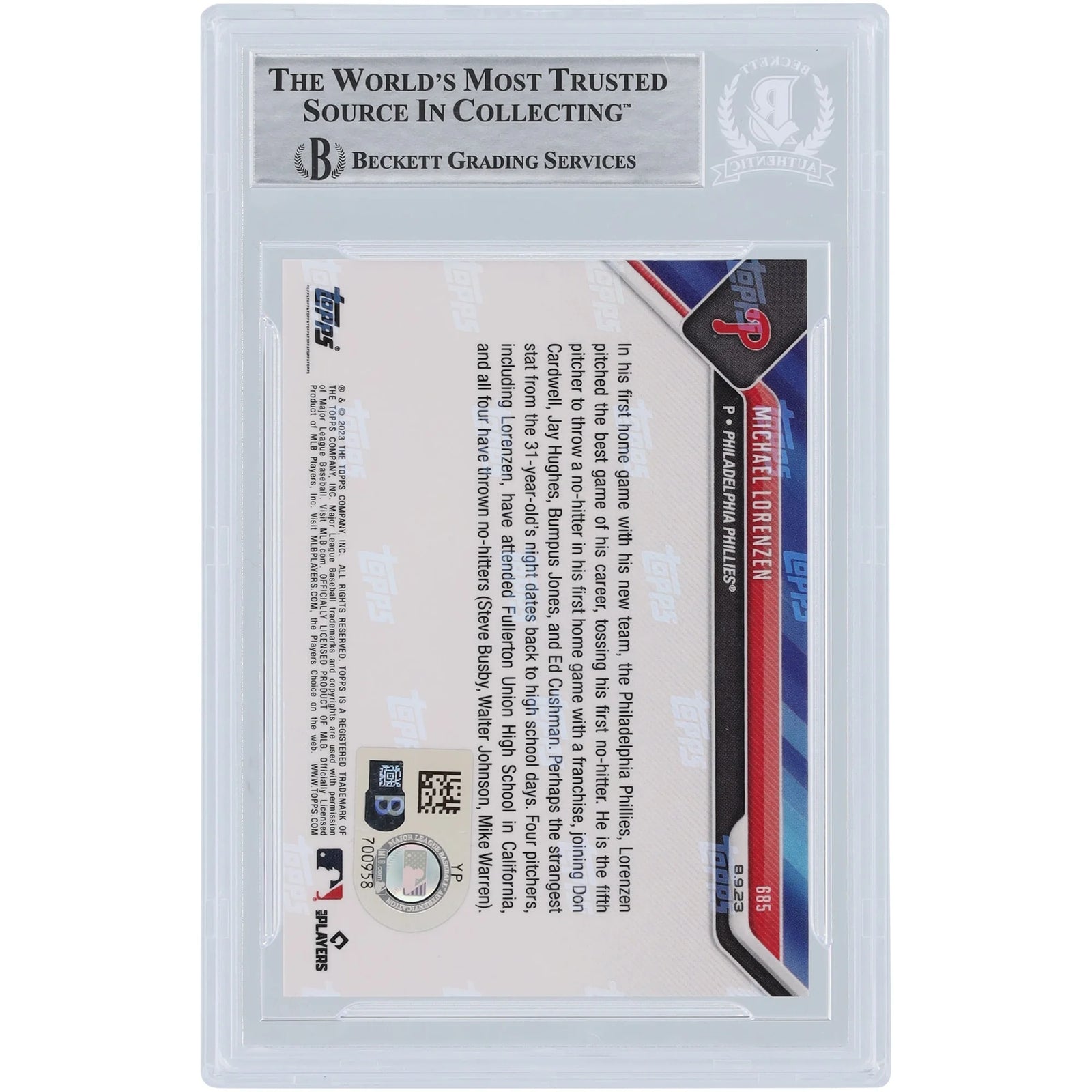 Michael Lorenzen Signed 2023 Topps Now No-Hitter Card #685 | Beckett Authenticated