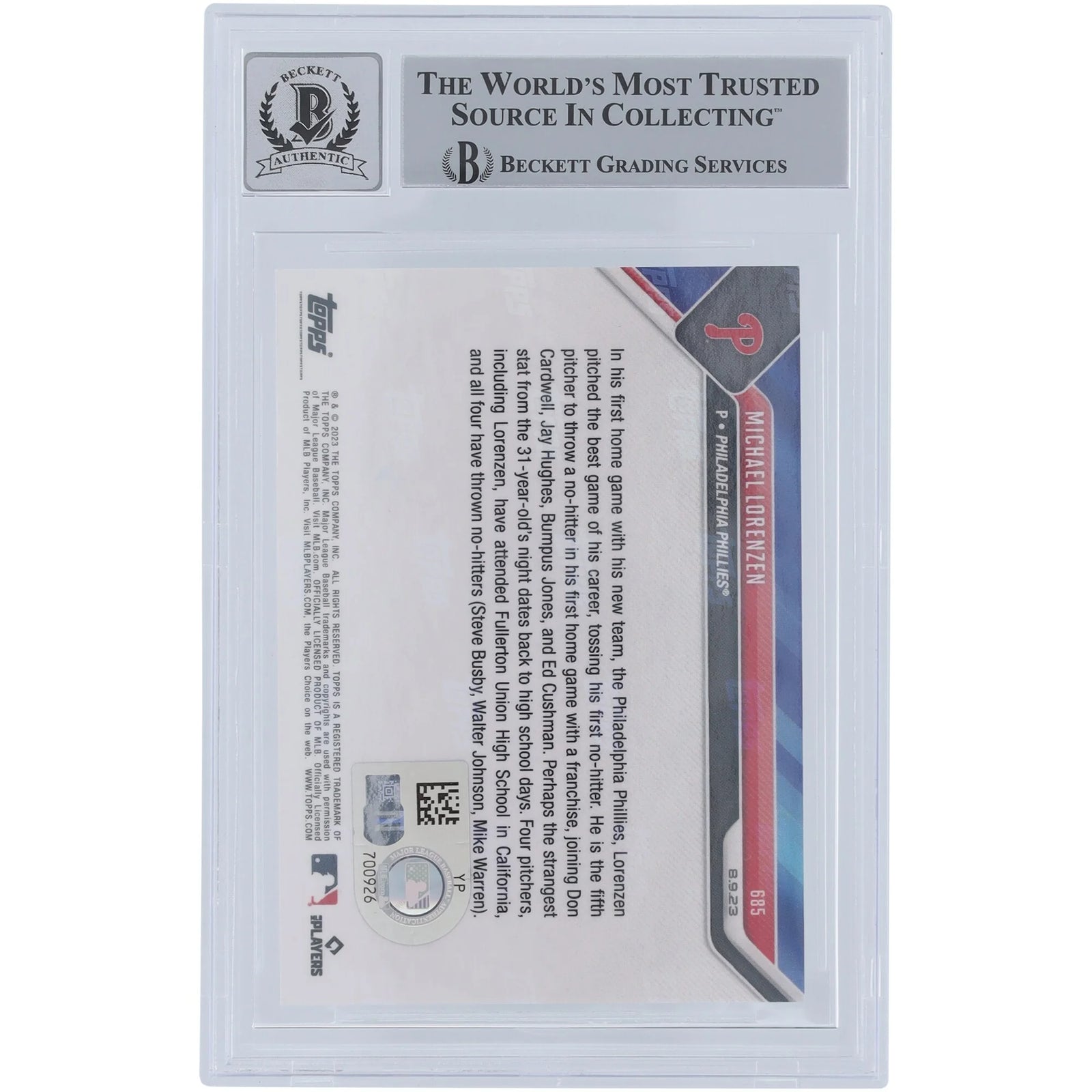 Michael Lorenzen Signed 2023 Topps Now No-Hitter Card #685 | Graded 10