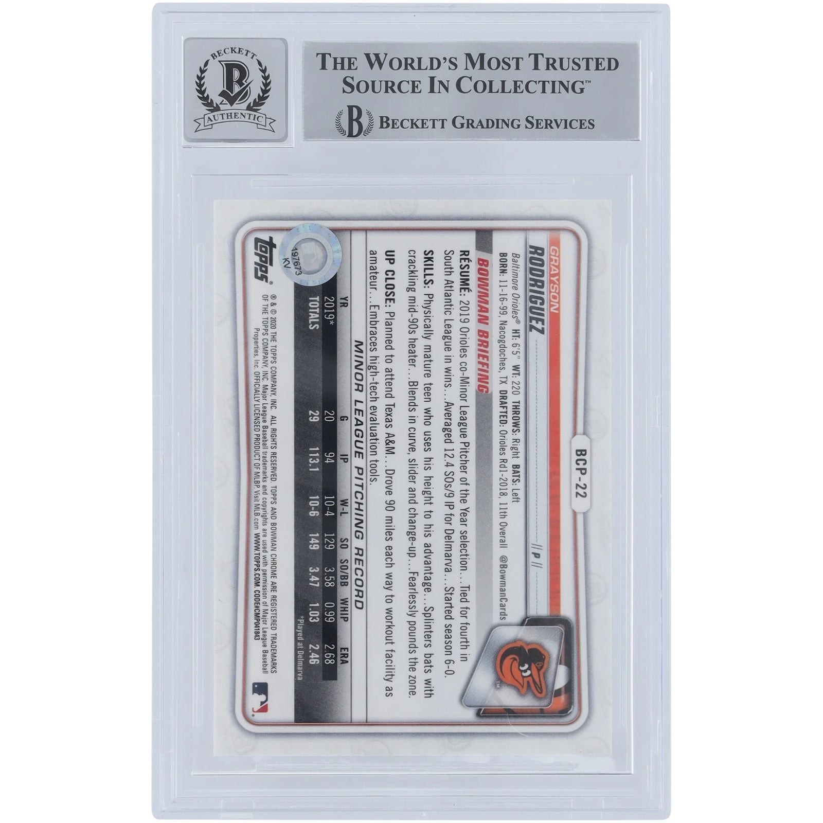 Grayson Rodriguez Signed 2020 Bowman Chrome Prospects Sapphire Card | MLB Debut Inscriptio