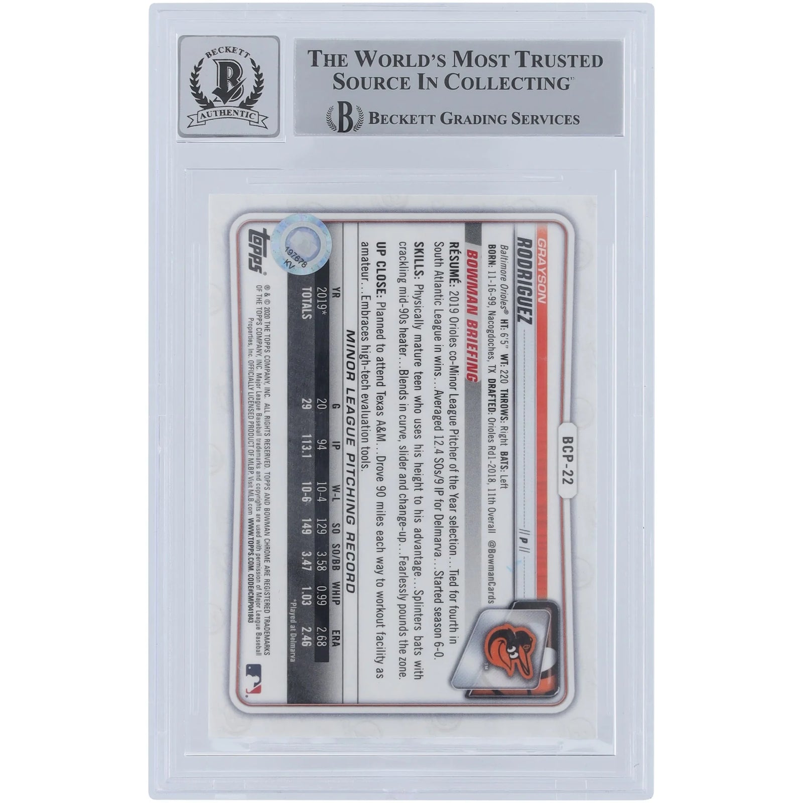 Grayson Rodriguez Signed 2020 Bowman Chrome Prospects Sapphire Card | MLB Debut Inscriptio