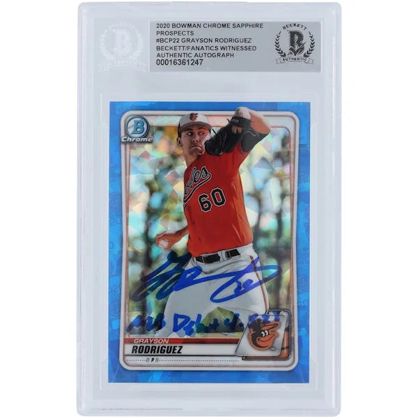 Grayson Rodriguez Baltimore Orioles Autographed 2020 Bowman Chrome Prospects Sapphire #BCP-22 Beckett Fanatics Witnessed Authenticated Card with "MLB Debut 4-5-23" Inscription - F3