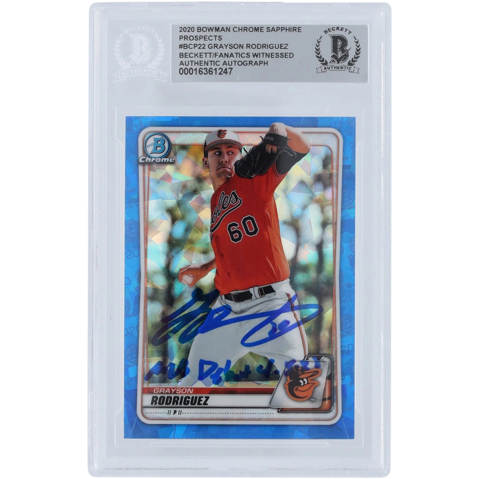Grayson Rodriguez Baltimore Orioles Autographed 2020 Bowman Chrome Prospects Sapphire #BCP-22 Beckett Fanatics Witnessed Authenticated Card with "MLB Debut 4-5-23" Inscription - F3