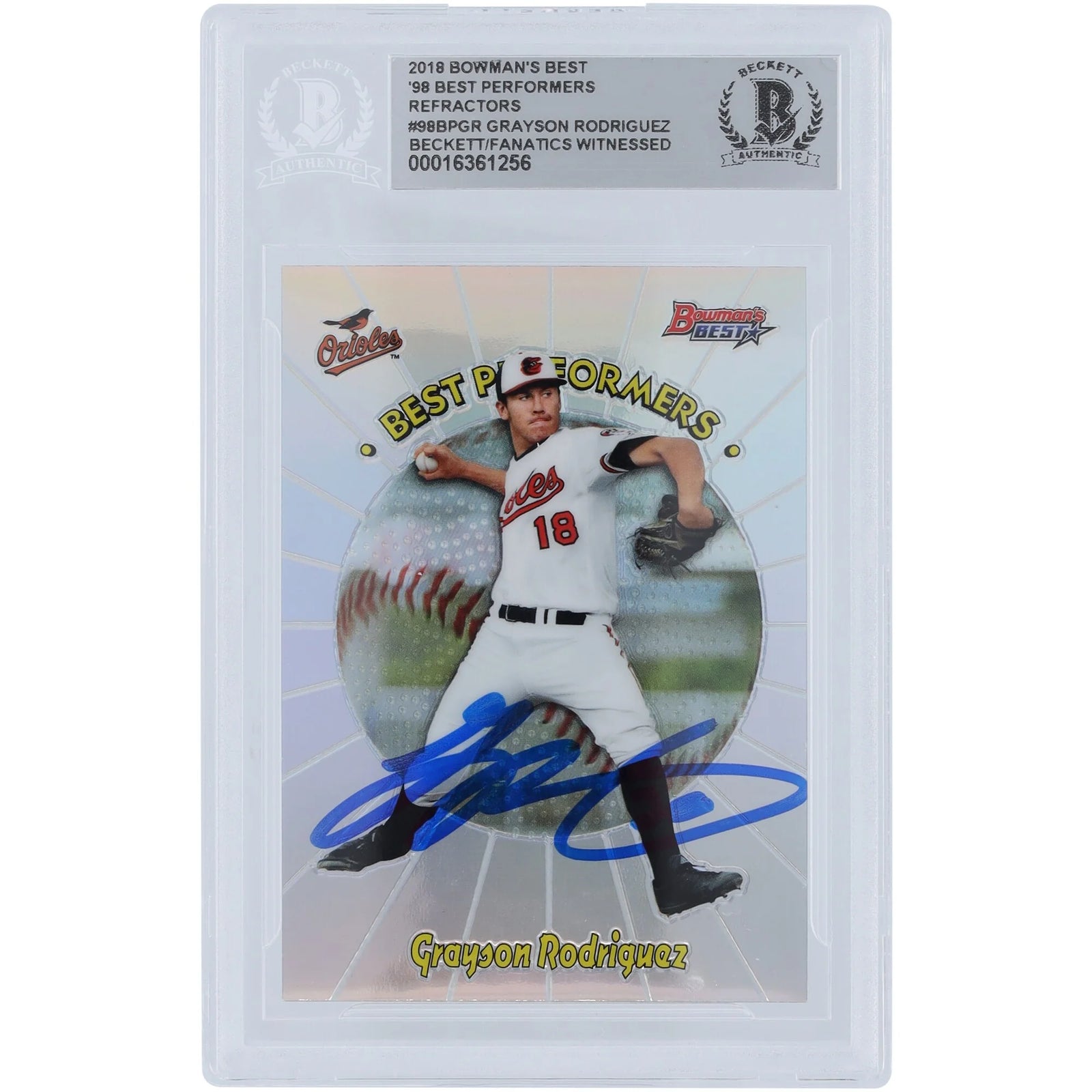 Grayson Rodriguez Baltimore Orioles Autographed 2018 Bowman's Best 98 Best Performers Refractors #98BP-GR Beckett Fanatics Witnessed Authenticated Card - F2