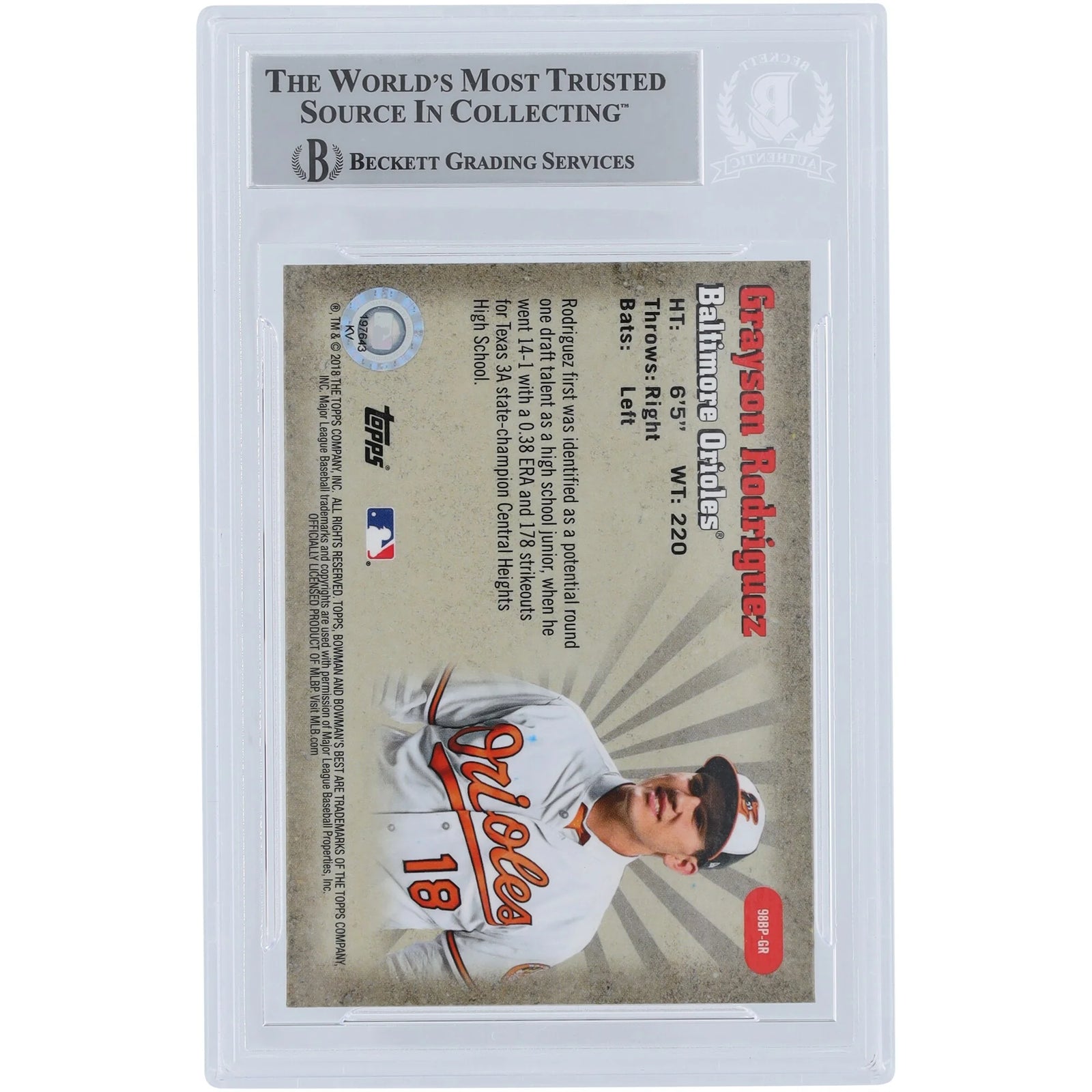 Grayson Rodriguez Baltimore Orioles Autographed 2018 Bowman's Best 98 Best Performers Refractors #98BP-GR Beckett Fanatics Witnessed Authenticated Card - F2