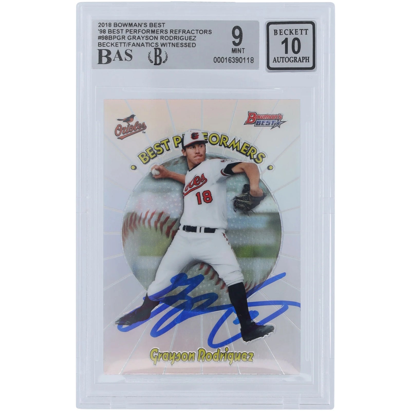 Grayson Rodriguez Signed 2018 Bowman's Best #98BP-GR Card | Beckett Graded 9