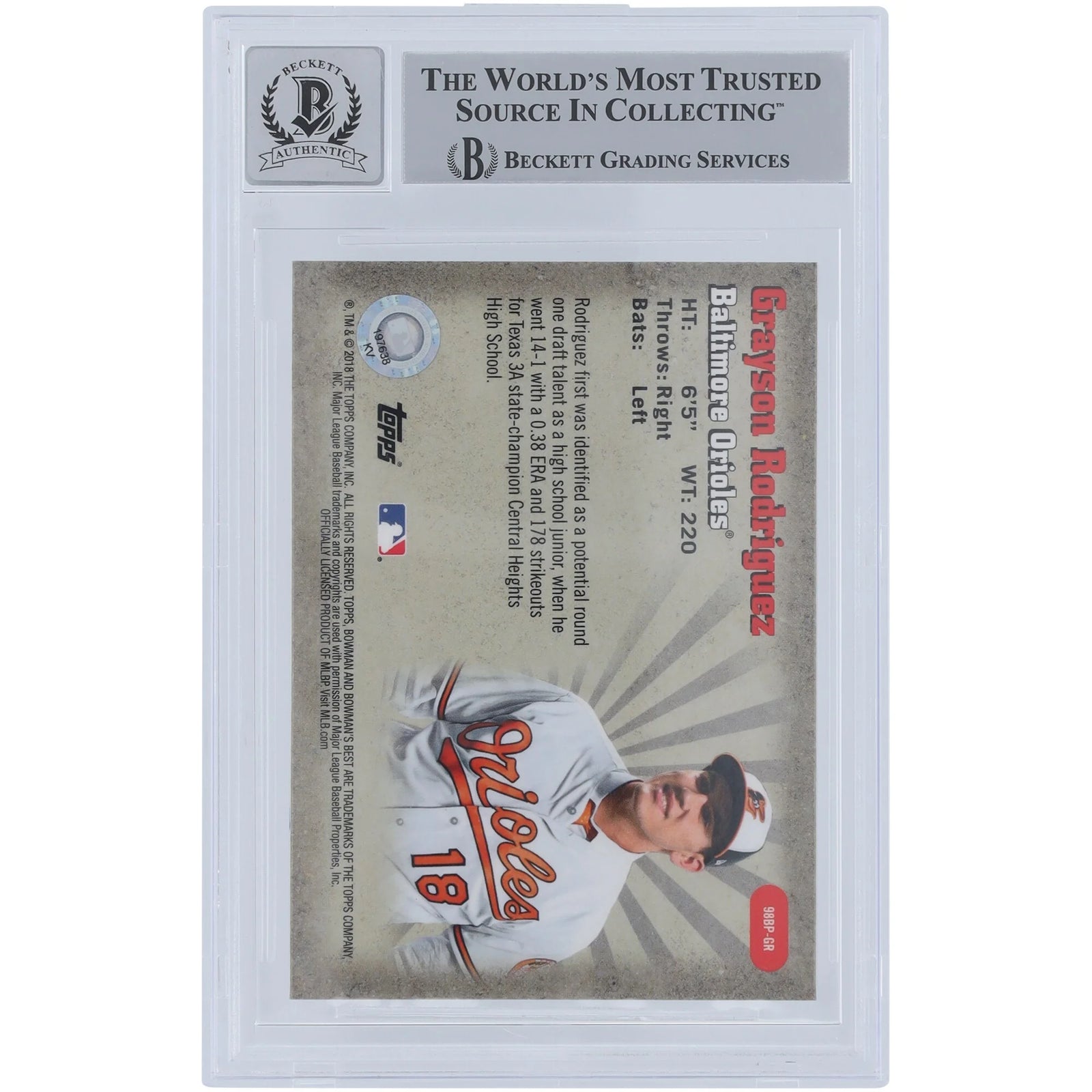 Grayson Rodriguez Signed 2018 Bowman's Best #98BP-GR Card | Beckett Graded 9