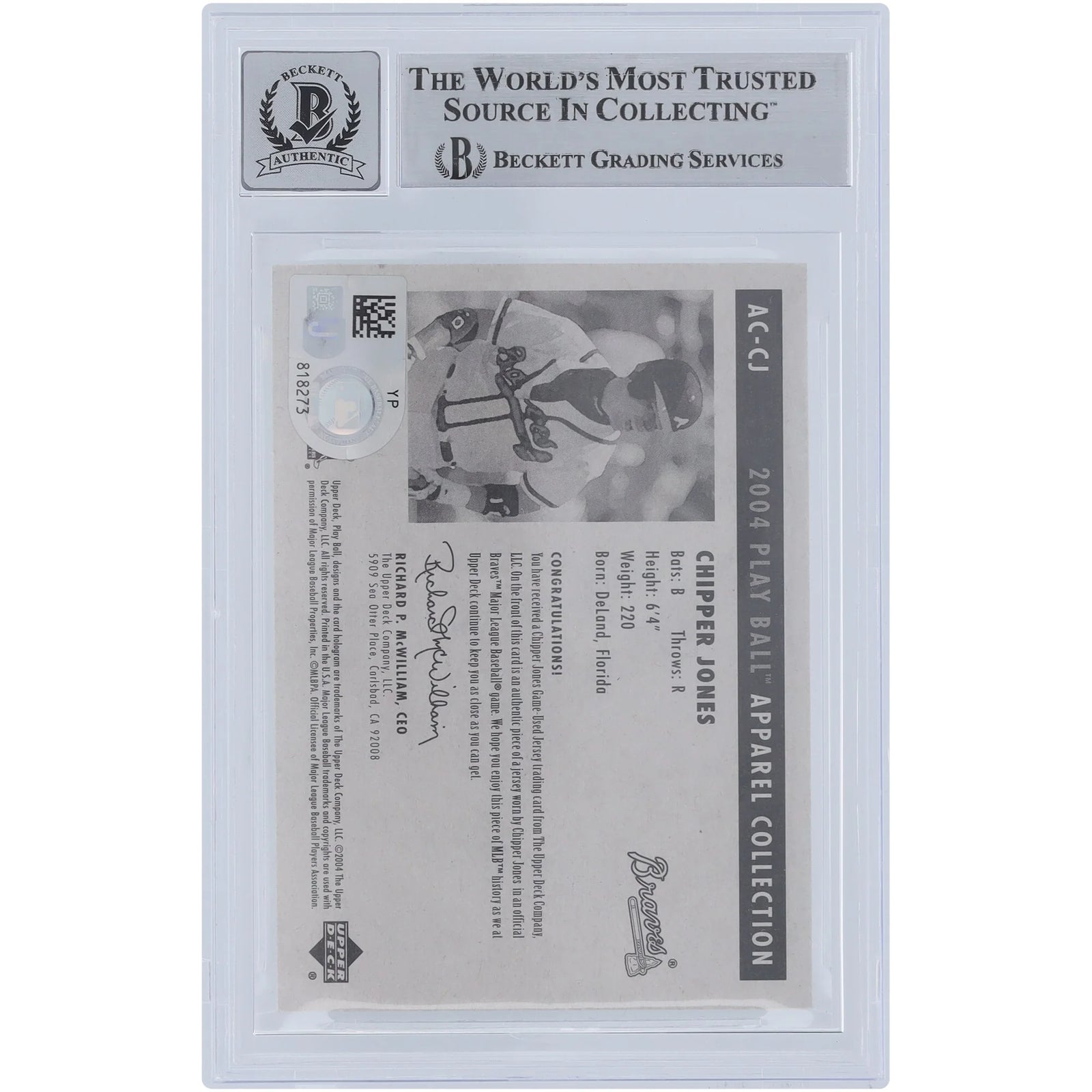 Chipper Jones Signed 2004 Upper Deck Play Ball Relic Card | Beckett Authenticated