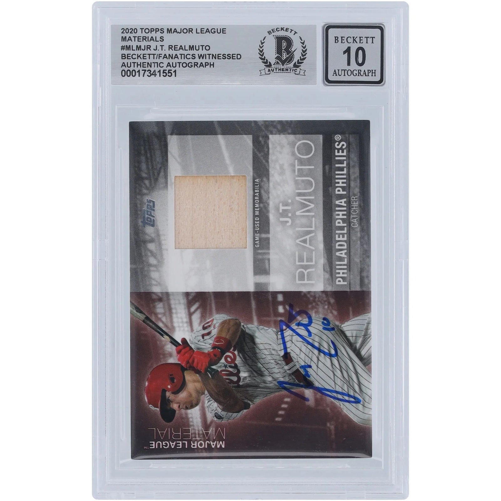 J.T. Realmuto Signed 2020 Topps Major League Materials Bat Relic Card | Graded 10
