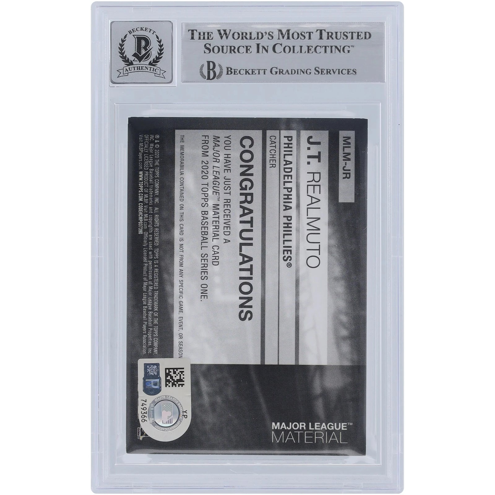 J.T. Realmuto Signed 2020 Topps Major League Materials Bat Relic Card | Graded 10