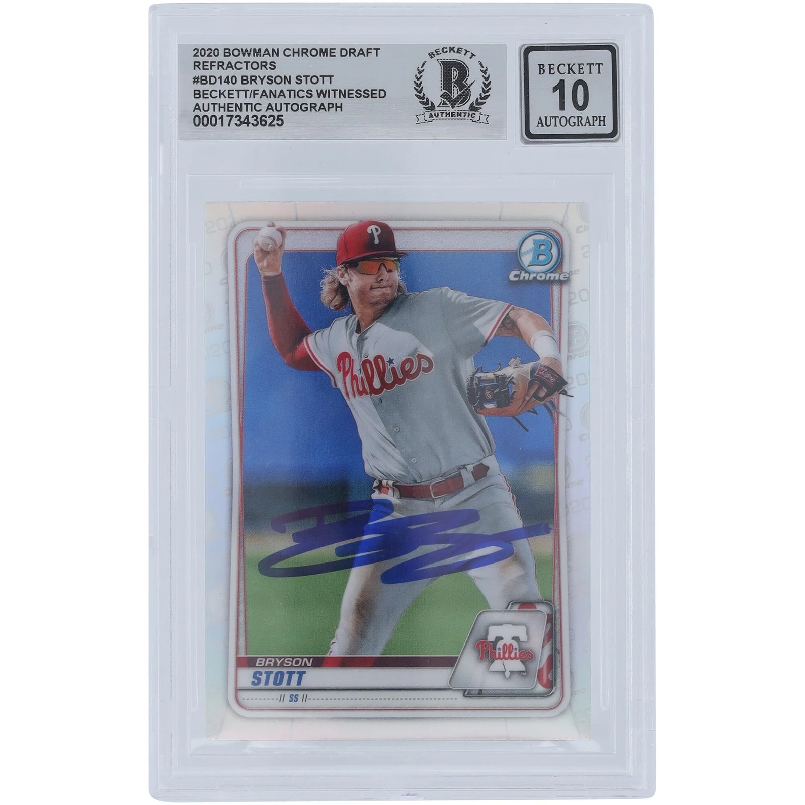 Bryson Stott Signed 2020 Bowman Chrome Draft Refractor #BD-140 | BGS 10