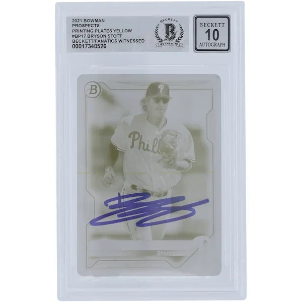 Bryson Stott Signed 2021 Bowman Prospects Yellow Printing Plate | 1/1 Beckett Graded 10 #1