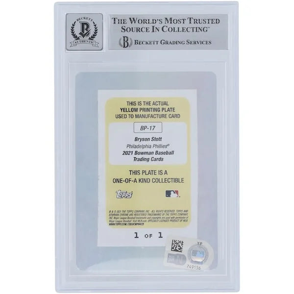 Bryson Stott Signed 2021 Bowman Prospects Yellow Printing Plate | 1/1 Beckett Graded 10 #1