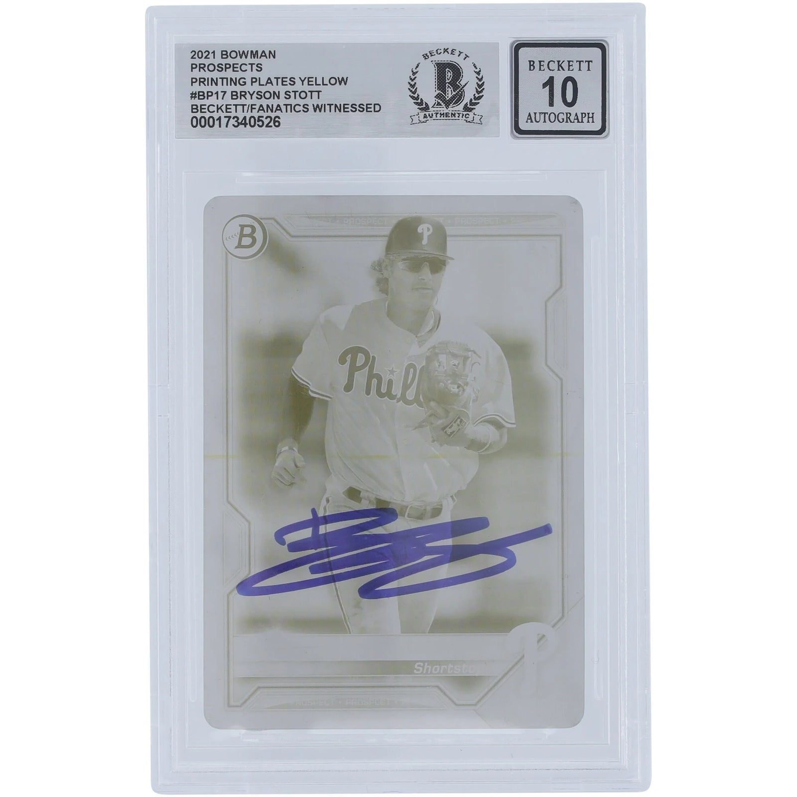 Bryson Stott Signed 2021 Bowman Prospects Yellow Printing Plate | 1/1 Beckett Graded 10 #1