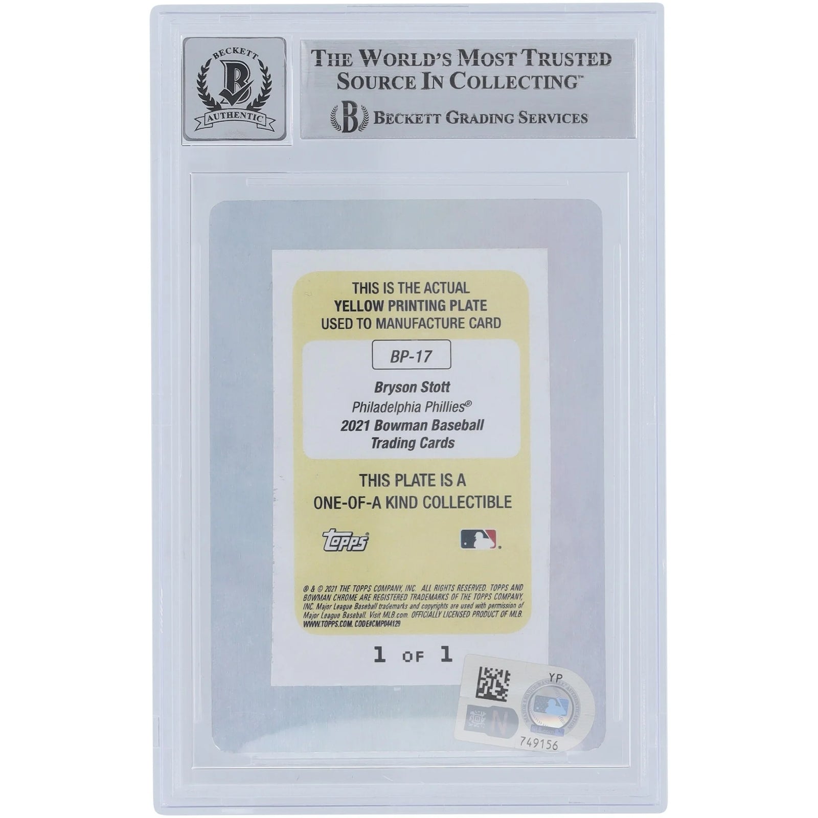 Bryson Stott Signed 2021 Bowman Prospects Yellow Printing Plate | 1/1 Beckett Graded 10 #1