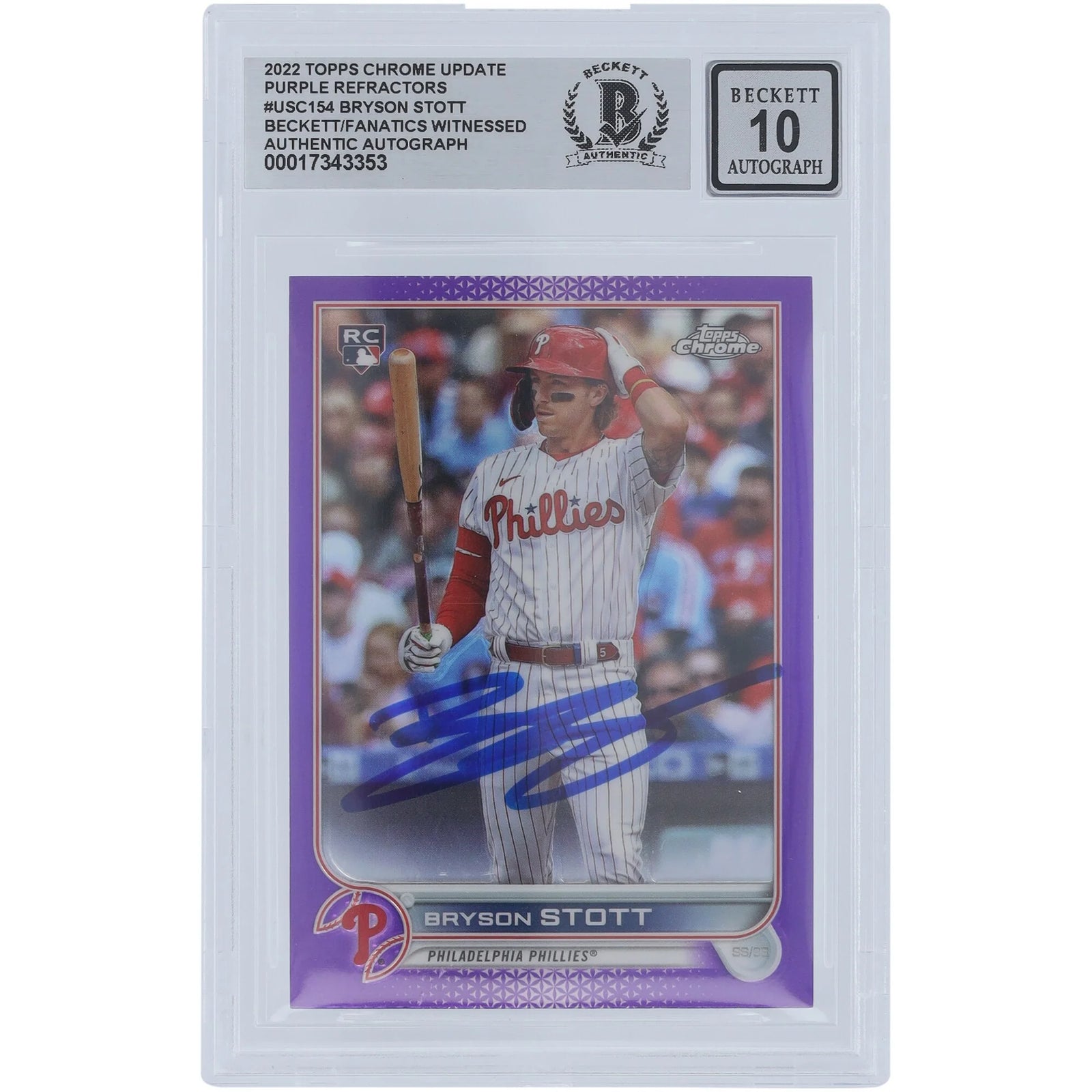Bryson Stott Signed 2022 Topps Chrome Update Purple Refractor #USC154 | Beckett Authentica