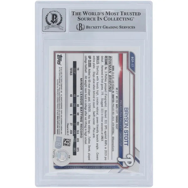 Bryson Stott Signed 2021 Bowman Chrome Sapphire Prospects #BCP-17 | Graded 10