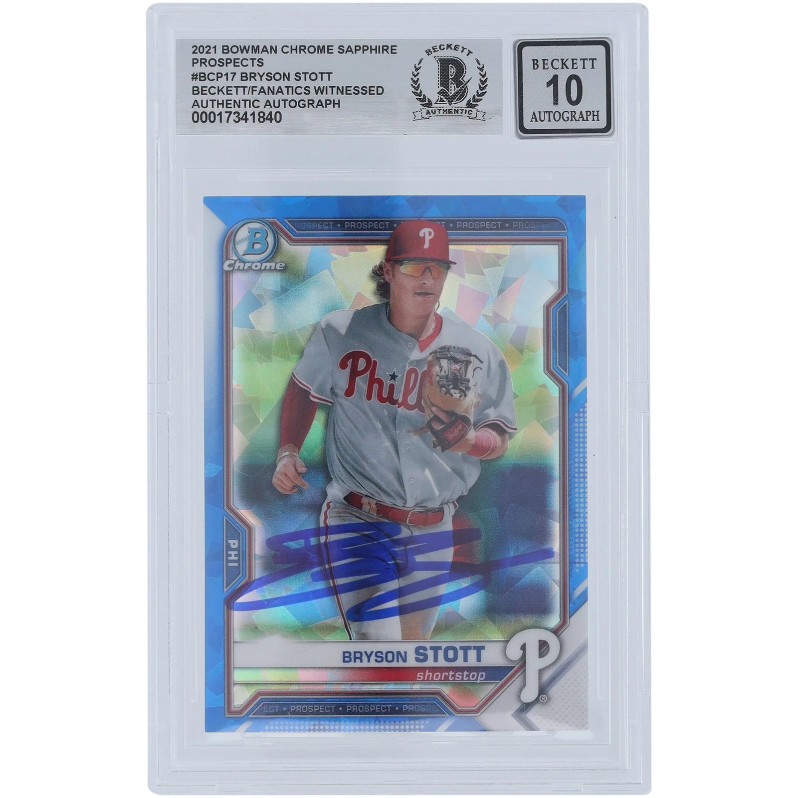 Bryson Stott Signed 2021 Bowman Chrome Sapphire Prospects #BCP-17 | Graded 10