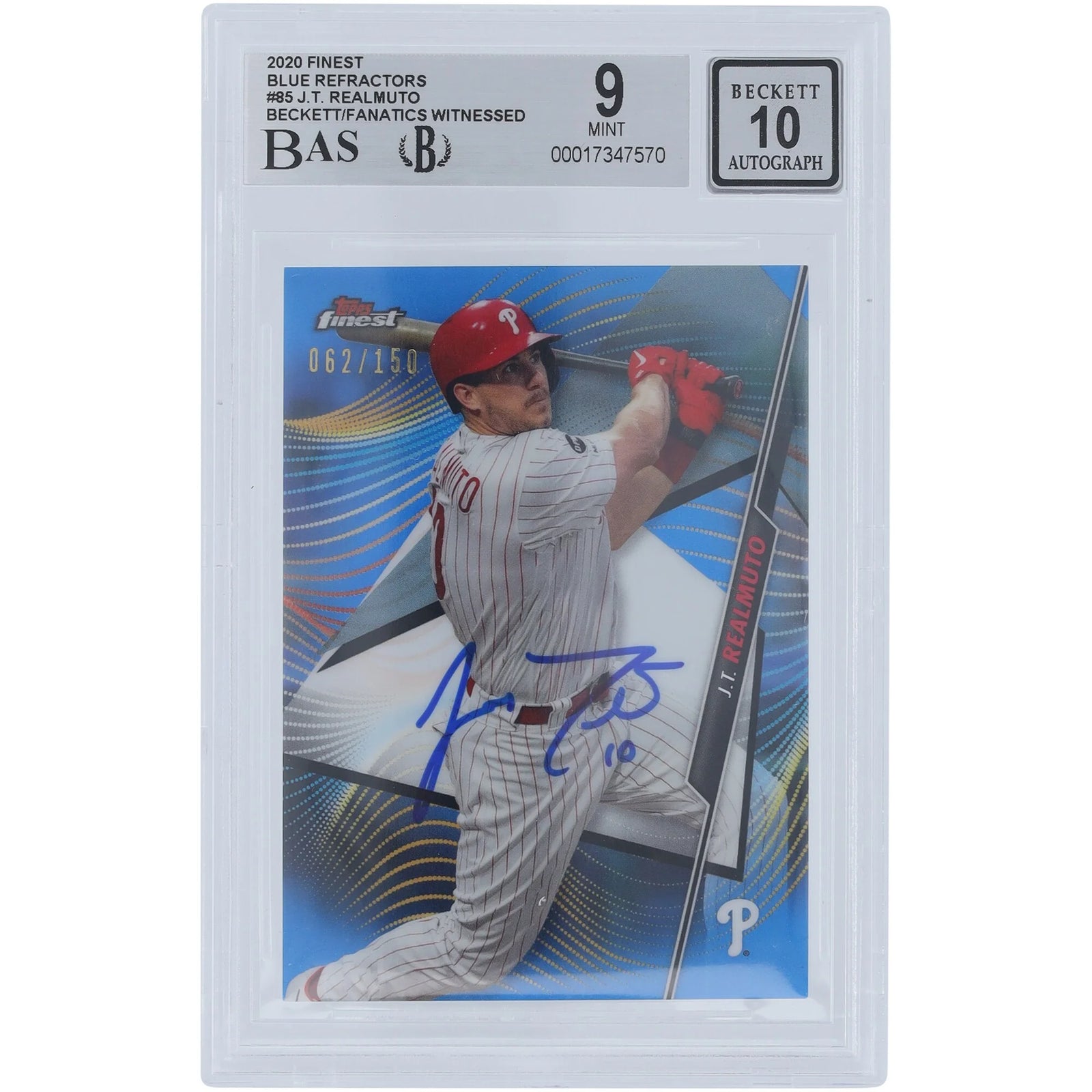 J.T. Realmuto Signed 2020 Topps Finest Blue Refractor #85 | Graded 9/10