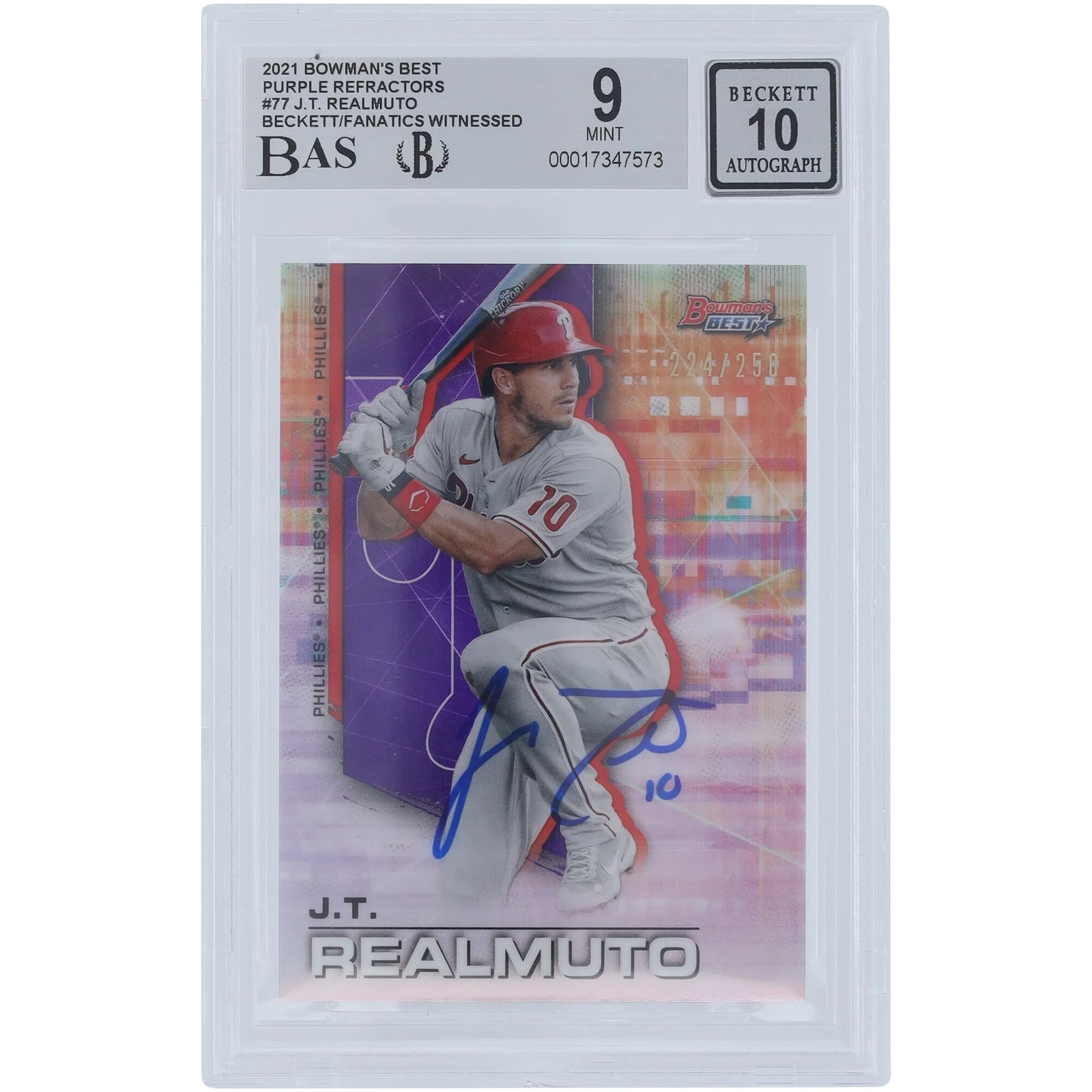 J.T. Realmuto Signed 2021 Bowman's Best Purple Refractor #77 | Beckett Authenticated 9/10