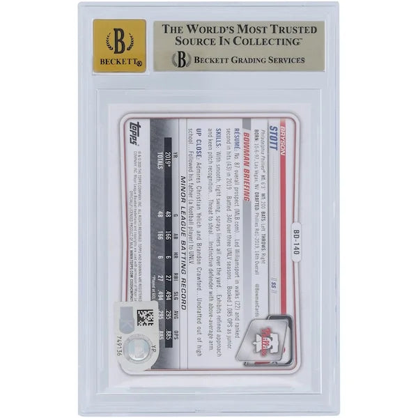 Bryson Stott Signed 2020 Bowman Draft #BD-140 Card | Beckett Graded 9.5