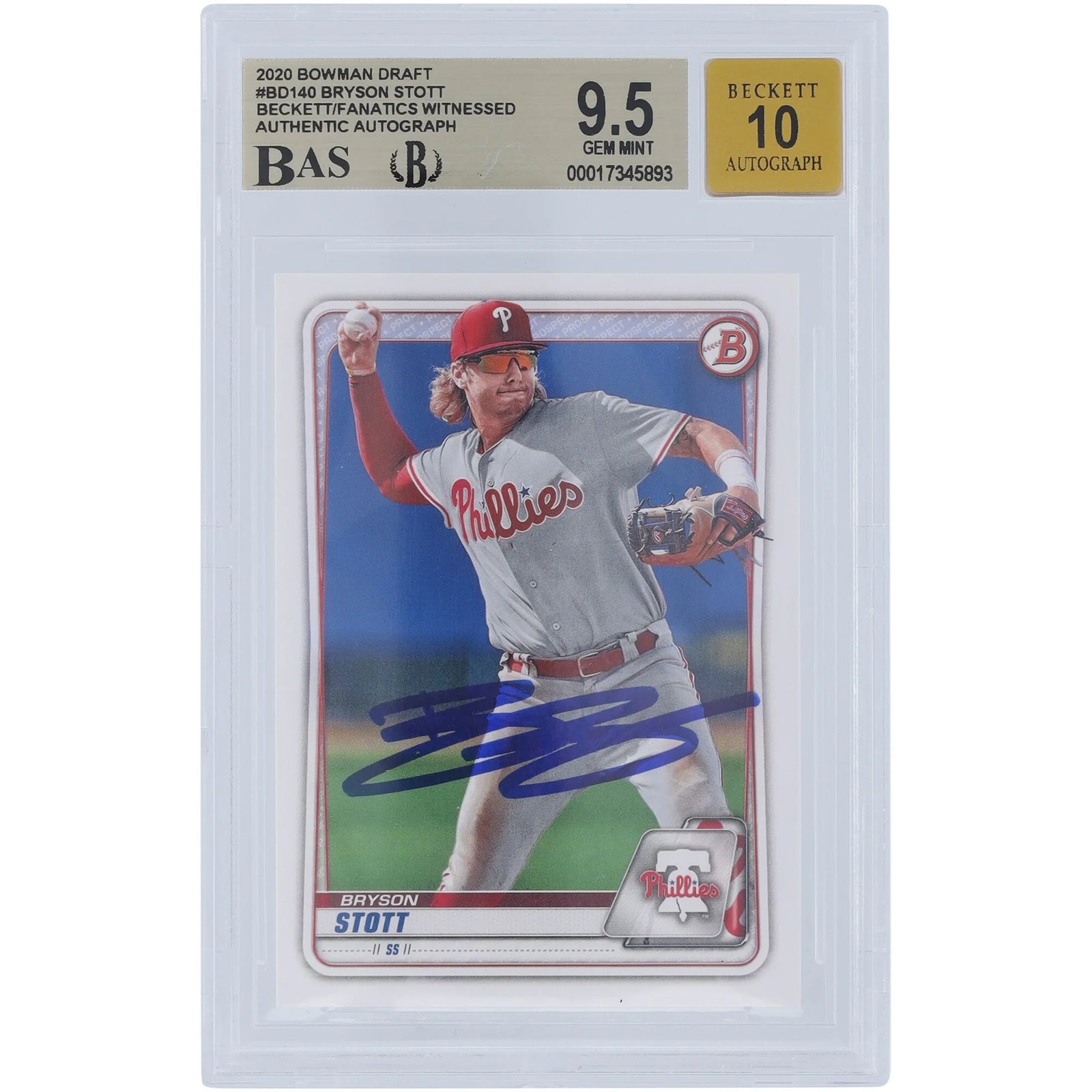 Bryson Stott Signed 2020 Bowman Draft #BD-140 Card | Beckett Graded 9.5