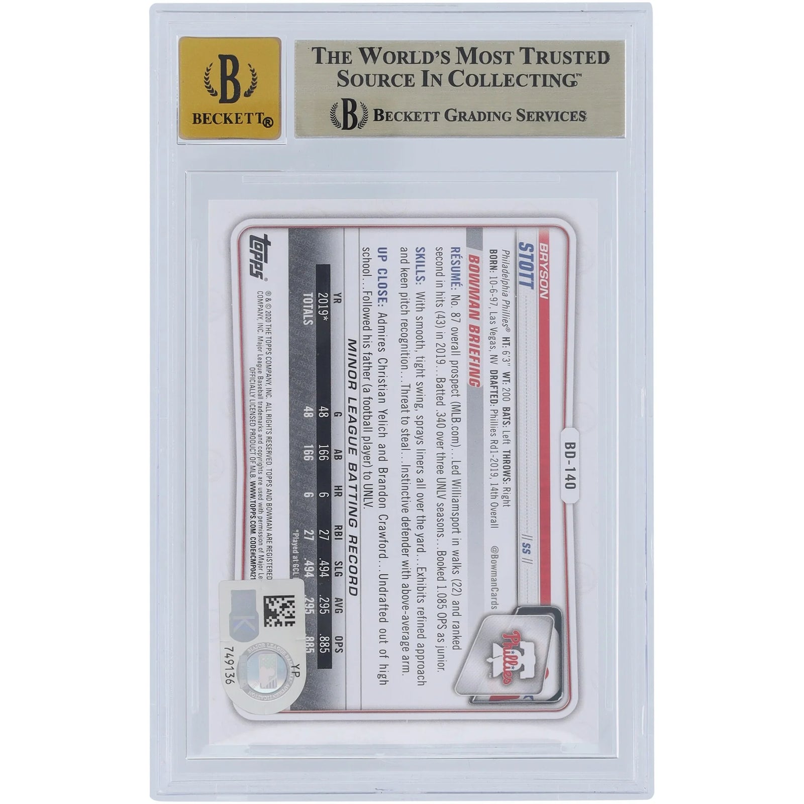 Bryson Stott Signed 2020 Bowman Draft #BD-140 Card | Beckett Graded 9.5