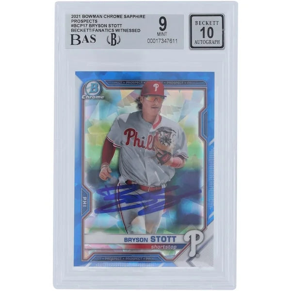Bryson Stott Signed 2021 Bowman Chrome Sapphire Prospects #BCP-17 | Beckett Graded 9