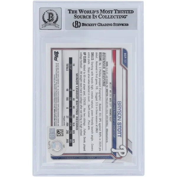Bryson Stott Signed 2021 Bowman Chrome Sapphire Prospects #BCP-17 | Beckett Graded 9