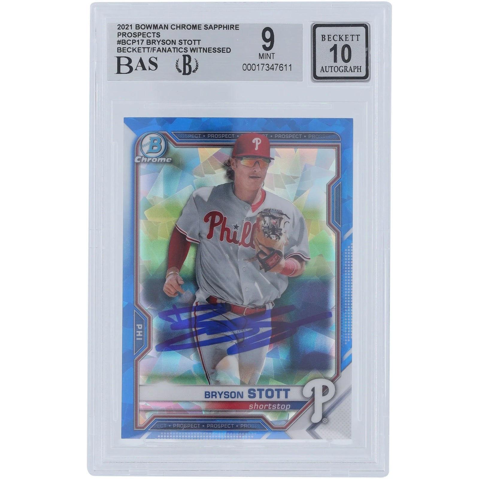 Bryson Stott Signed 2021 Bowman Chrome Sapphire Prospects #BCP-17 | Beckett Graded 9