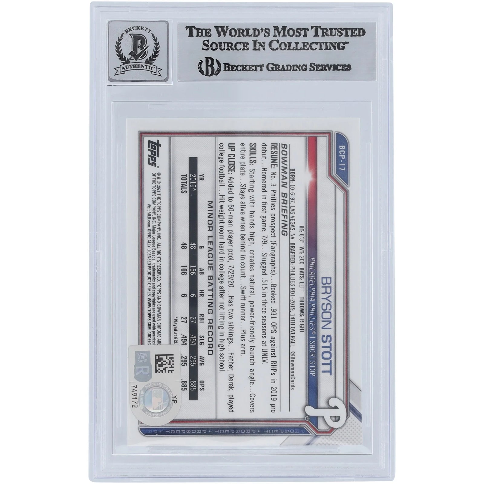Bryson Stott Signed 2021 Bowman Chrome Sapphire Prospects #BCP-17 | Beckett Graded 9