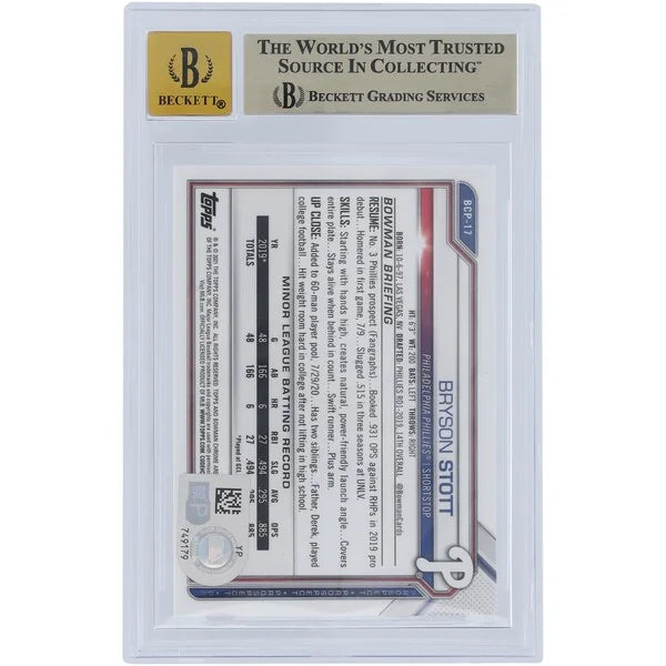 Bryson Stott Signed 2021 Bowman Chrome Sapphire Prospects #BCP-17 | BGS 9.5