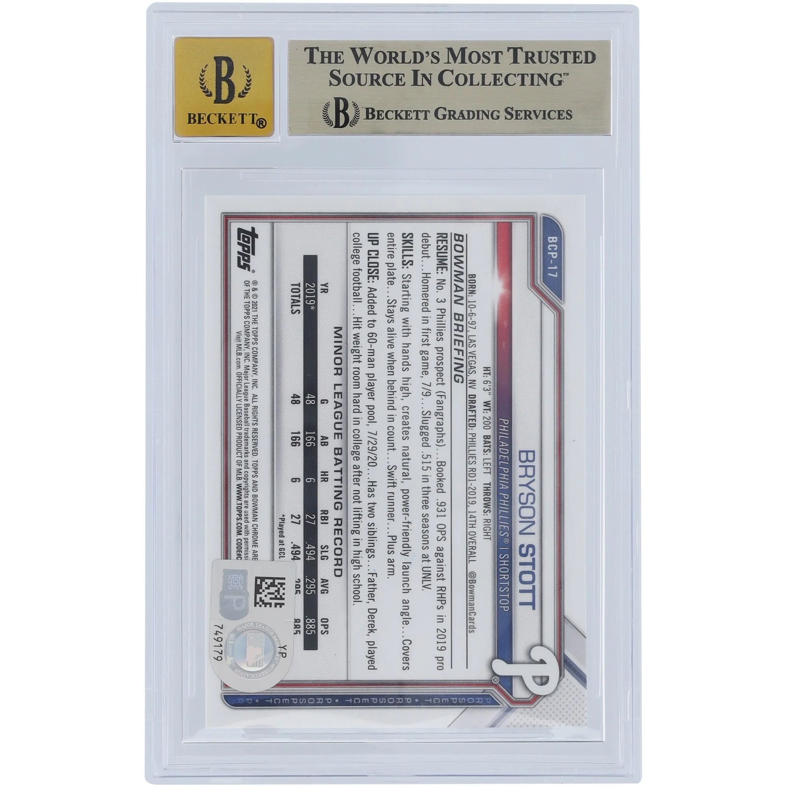 Bryson Stott Signed 2021 Bowman Chrome Sapphire Prospects #BCP-17 | BGS 9.5