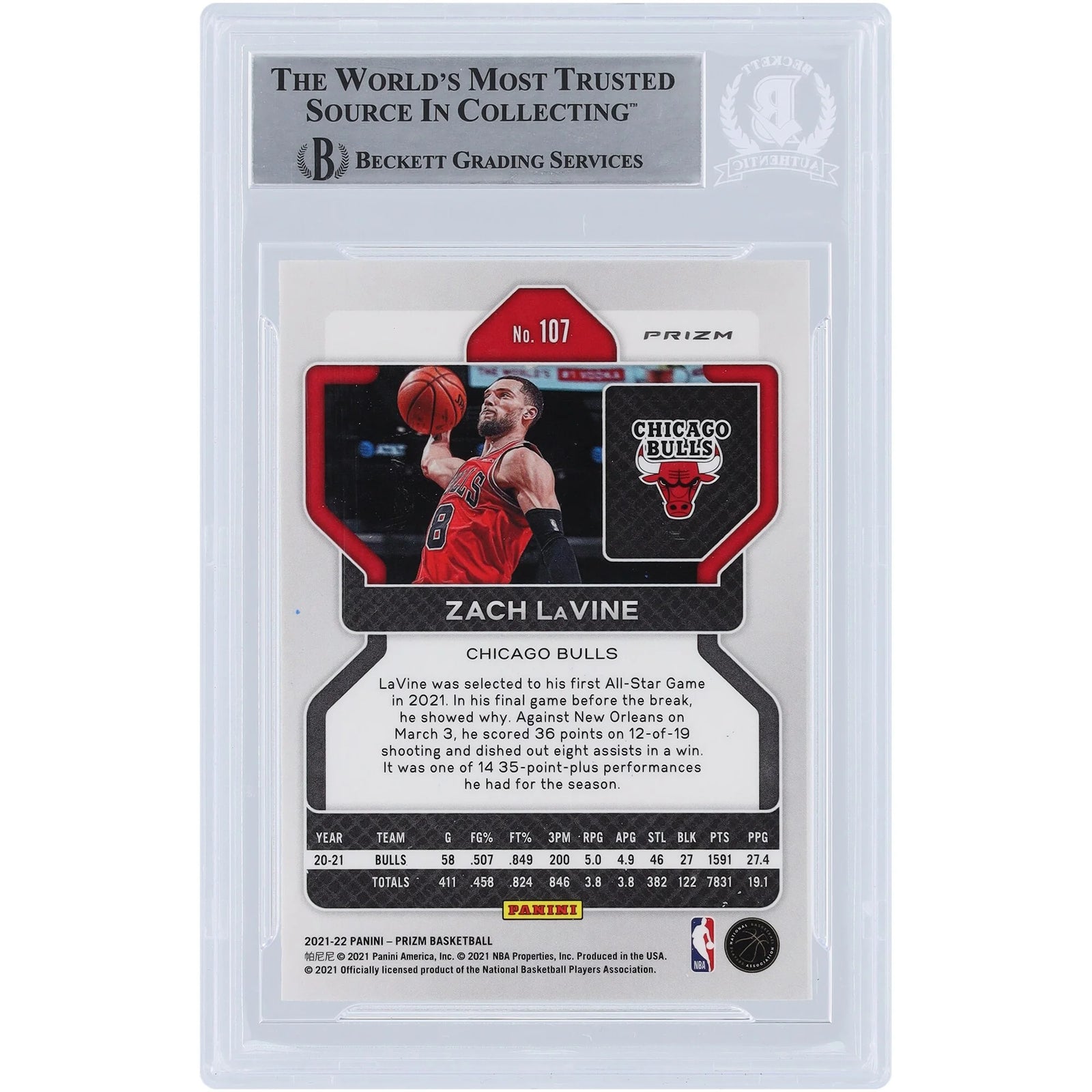 Zach LaVine Signed 2021-22 Panini Prizm Silver Prizms #107 | Beckett Authenticated