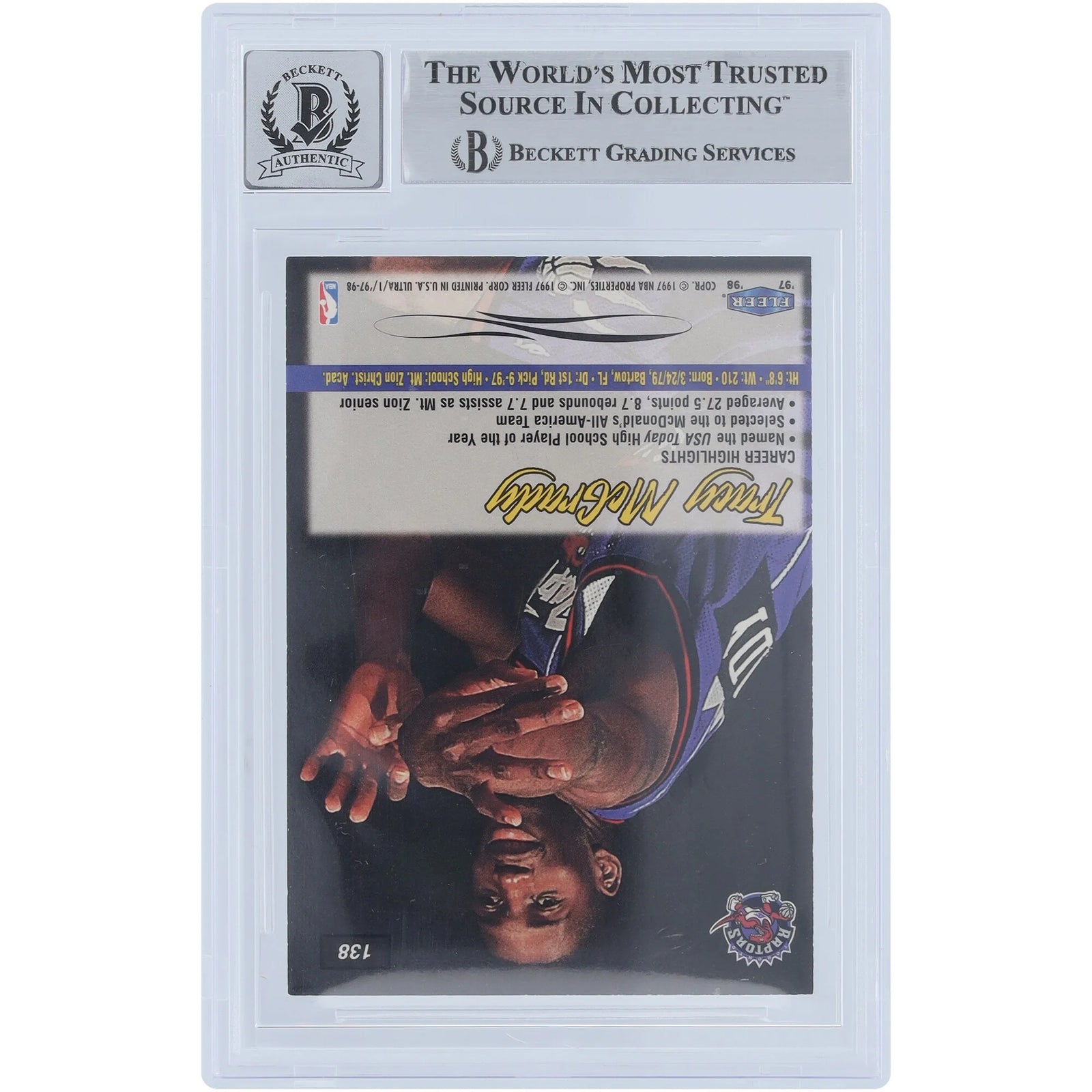 Tracy McGrady Signed 1997-98 Fleer Ultra #138 Rookie Card | Beckett 10 with HOF 17 Inscrip