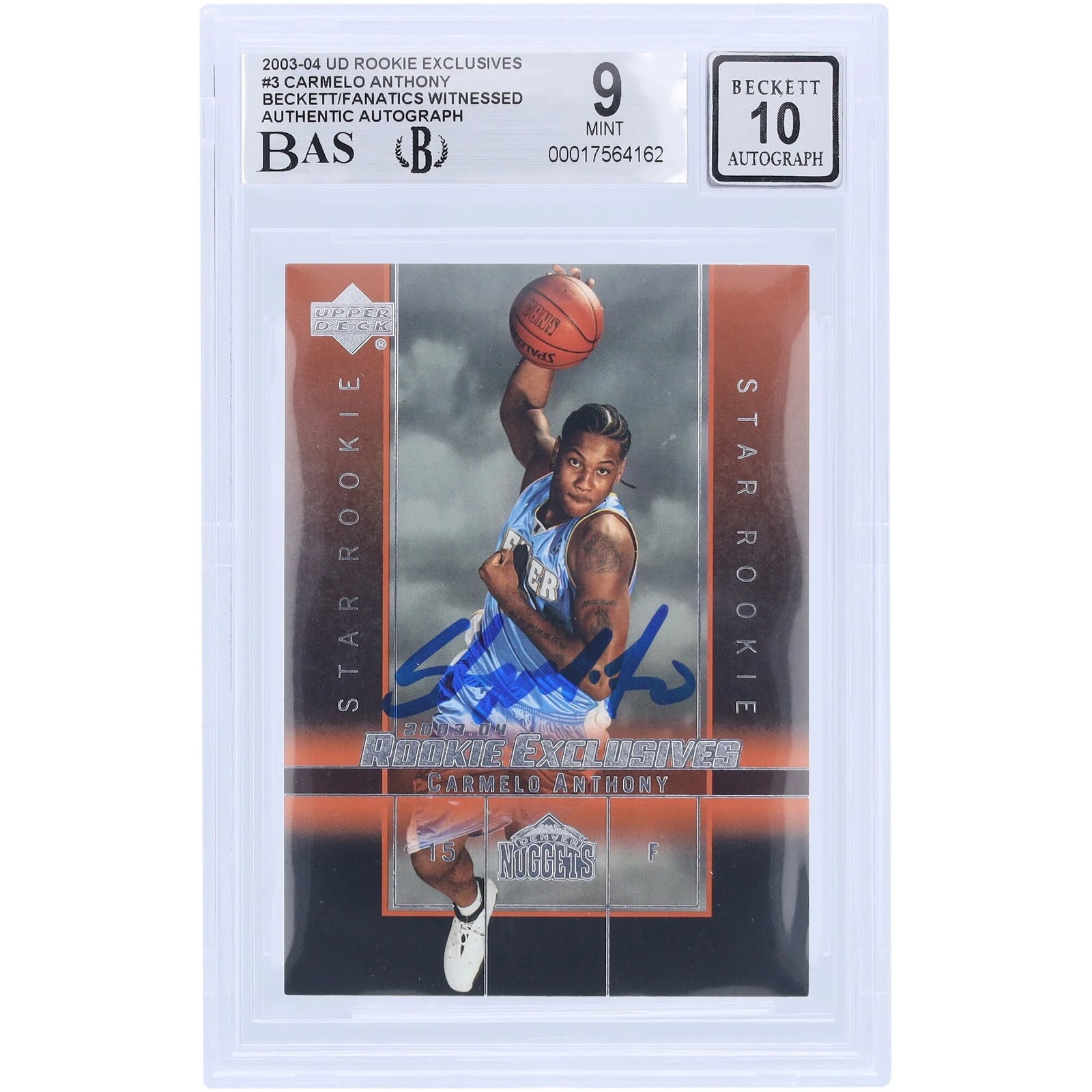 Carmelo Anthony Signed 2003-04 Upper Deck Rookie Exclusive #3 | Graded 9