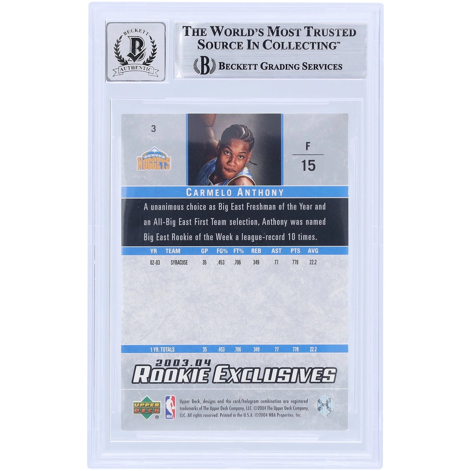 Carmelo Anthony Signed 2003-04 Upper Deck Rookie Exclusive #3 | Graded 9