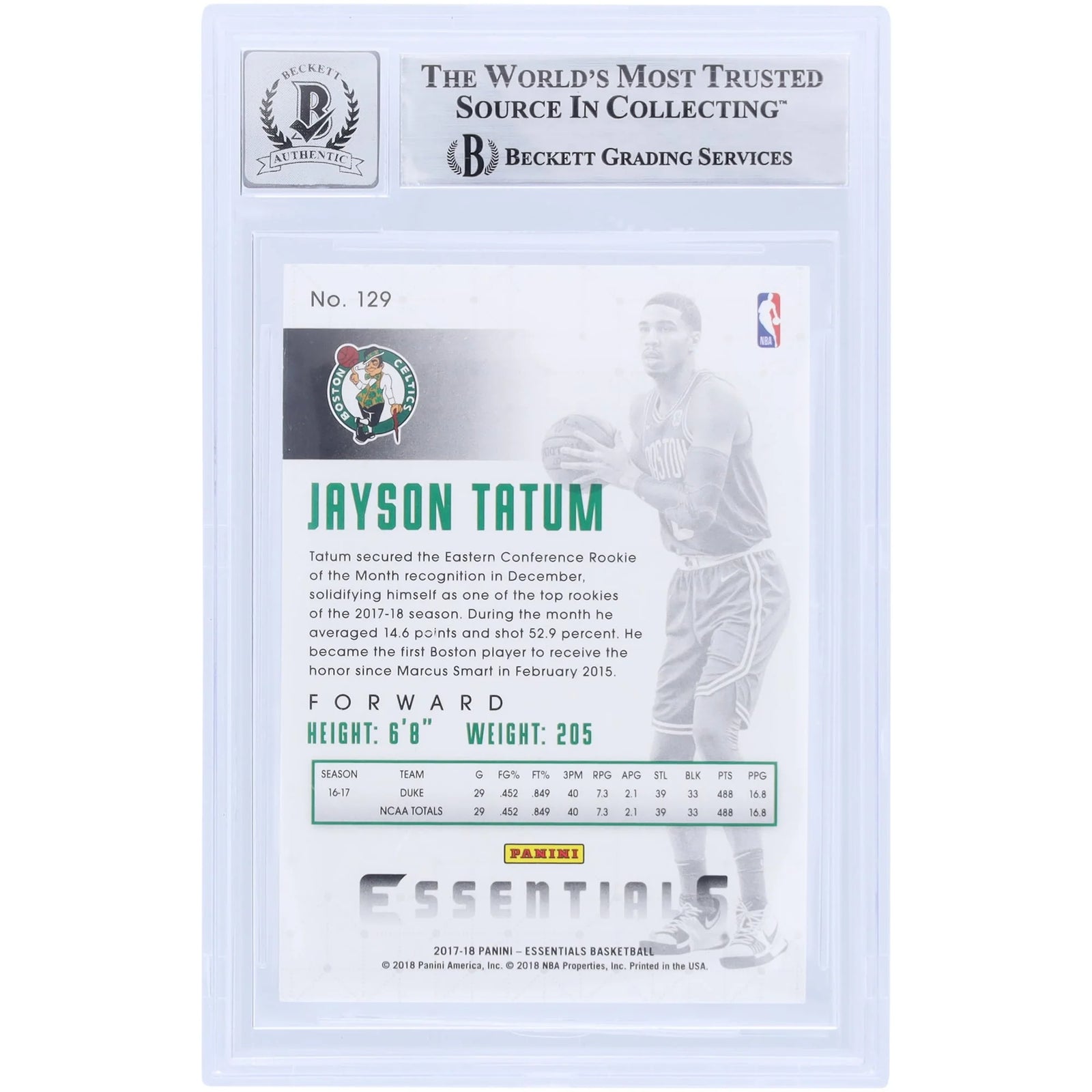 Jayson Tatum Signed 2017-18 Panini Essentials Rookie Card #129 | Beckett Graded 9