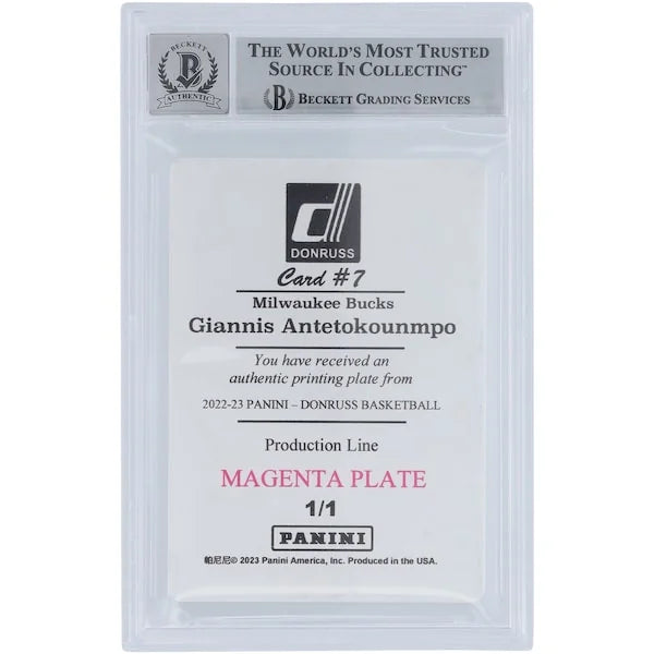 Giannis Antetokounmpo Signed 2022-23 Donruss Magenta Printing Plate #7 | 1/1