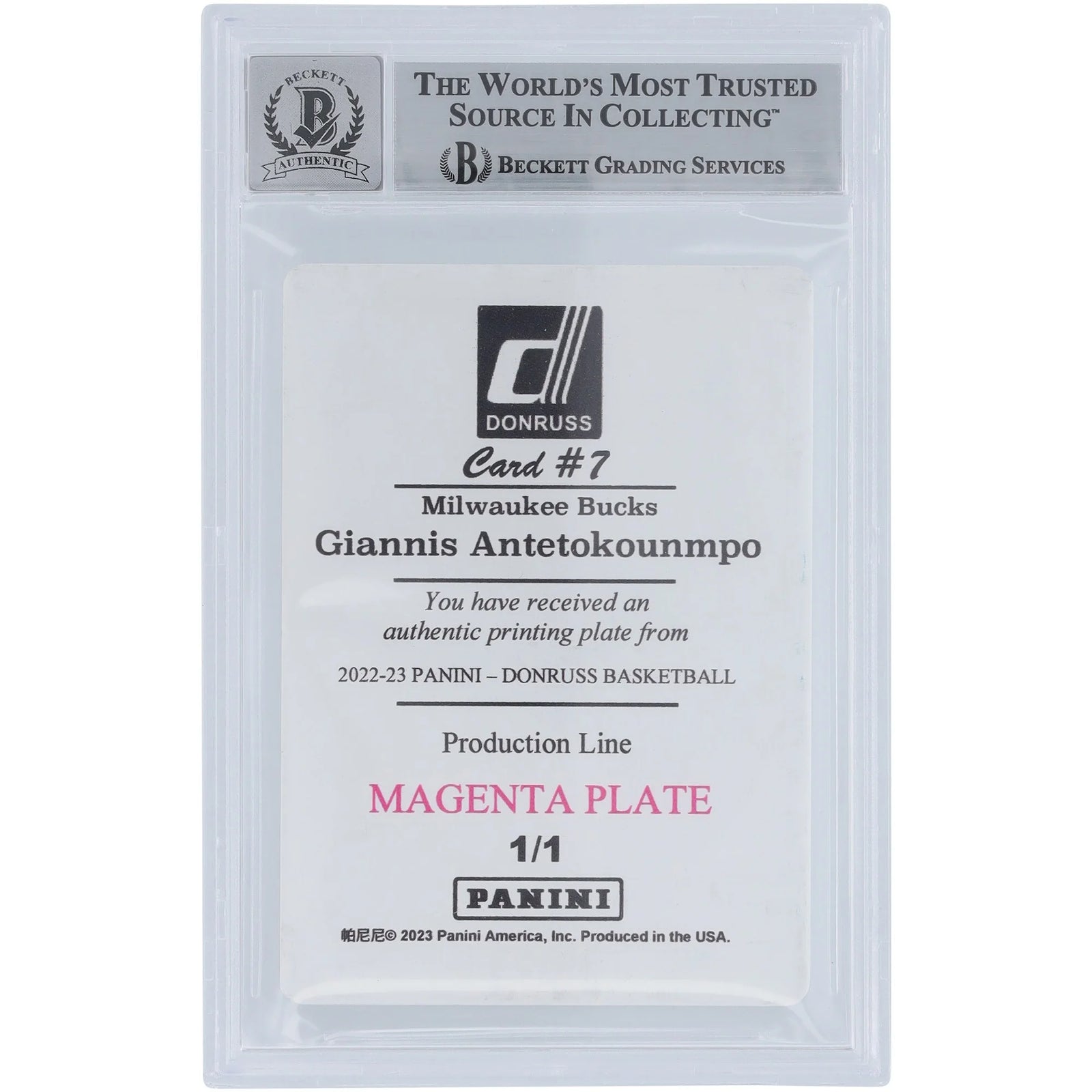 Giannis Antetokounmpo Signed 2022-23 Donruss Magenta Printing Plate #7 | 1/1